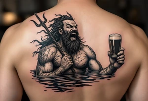 laughing poseidon, with a trident, in calm water, holding a beer tattoo idea