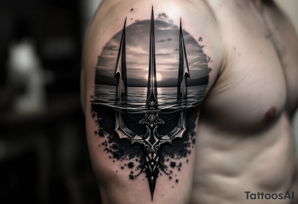trident half way under calm water at sunset tattoo idea