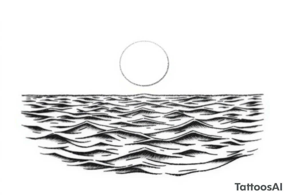 Black and white tattoo design, marine theme. Calm sea waves with a clear horizon line. Above the horizon, a large sun or moon glowing softly, with subtle Norse runes (Algiz, Raido) blended into the light. Minimalistic, elegant, not aggressive, not too masculine or feminine. Line art style, suitable for forearm tattoo. tattoo idea
