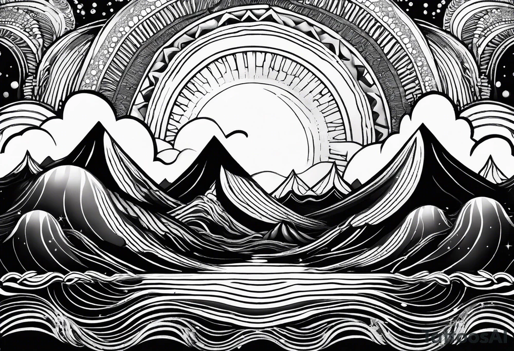 Mandala inspired Ripples in the water caused by a half moon that is dripping water Drops that build the Mountains and the Sea tattoo idea