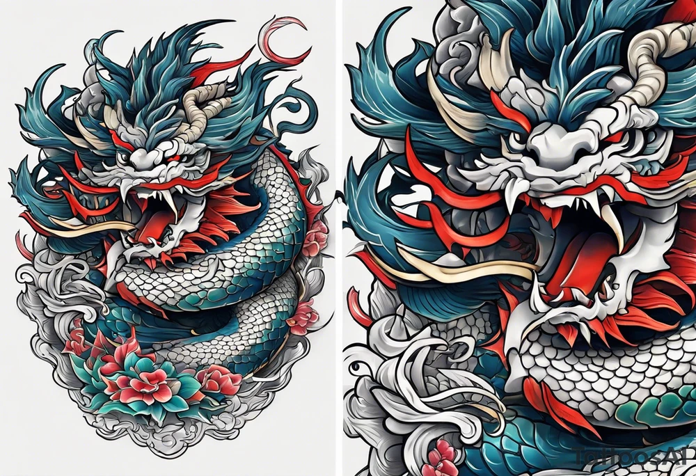 Create a detailed tattoo of Asian dragon wrapping around an anchor centered on taeguk. tattoo idea