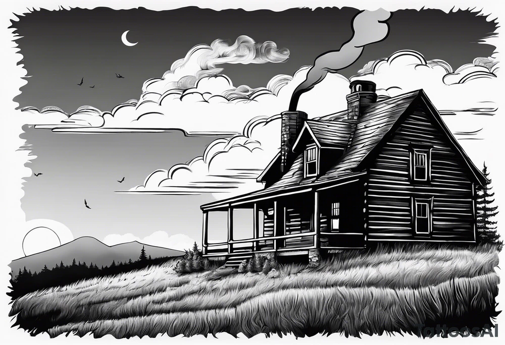 cabin chimney smoke says "Hutting Est. 2004" friends sunset tattoo idea
