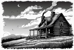 cabin chimney smoke says "Hutting Est. 2004" friends sunset tattoo idea
