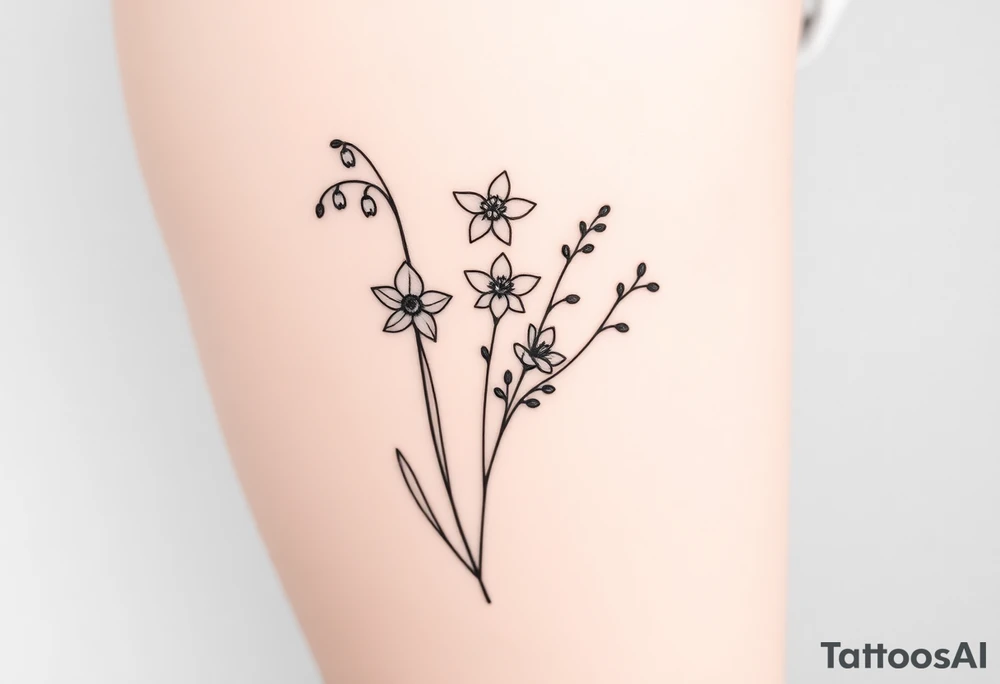 Simple small design in black bunch of flowers individual stems 1 lily of the valley 1 daffodil 1 December holly bush 1 larkspur tattoo idea