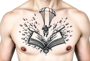 A parachuting soldier landing into an open book. Chaos surrounding, but the book is protecting the soldier from it. On the chest. Make it smaller. tattoo idea