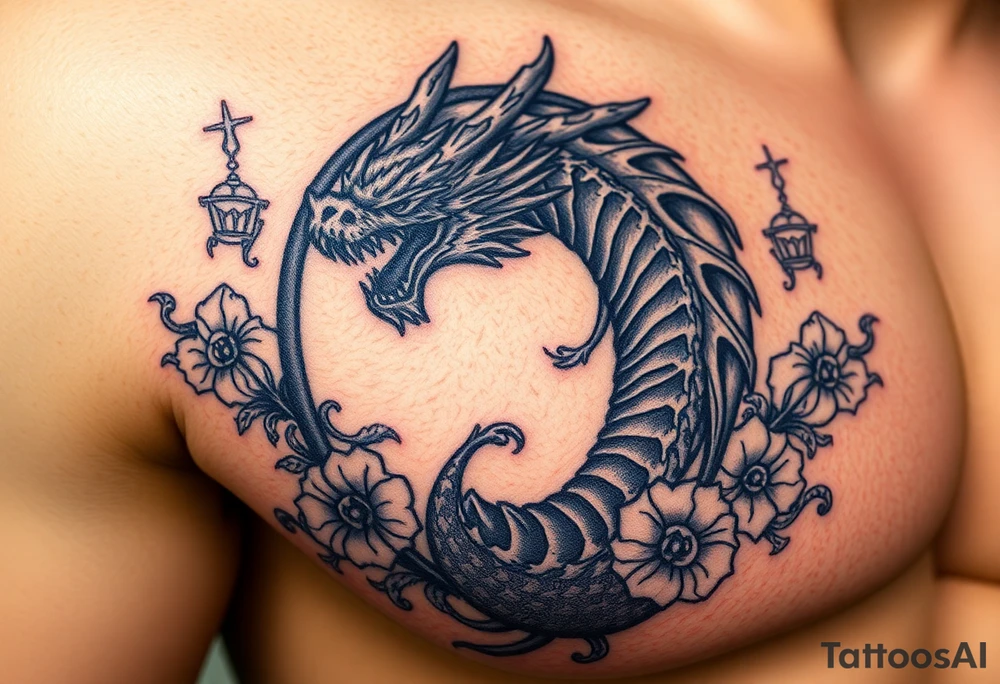 Scary dragon surrounded by ornaments tattoo idea