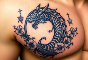 Scary dragon surrounded by ornaments tattoo idea