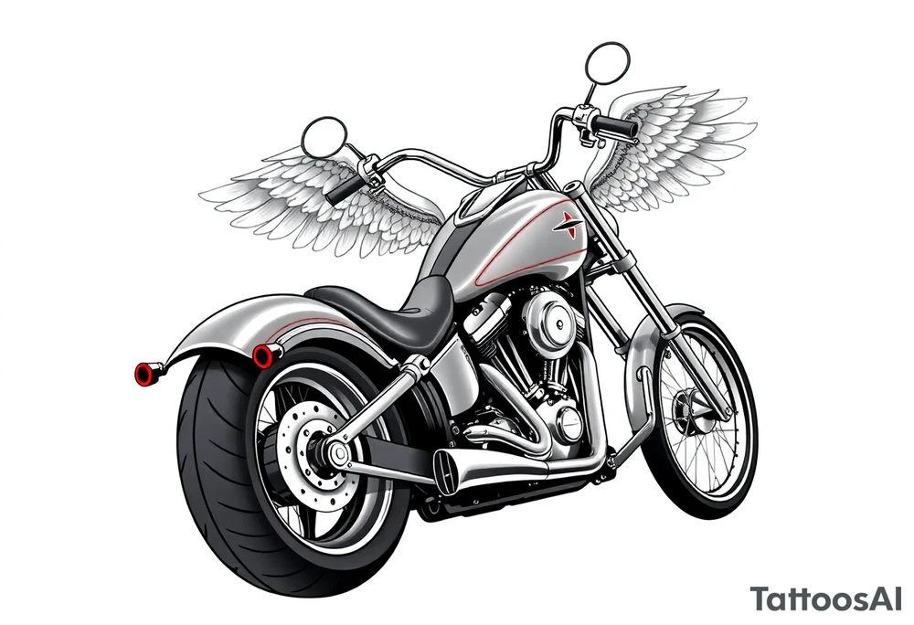 Low rider grey motorcycle, big muffler pipes with flames, angel wings, driving away, no person tattoo idea