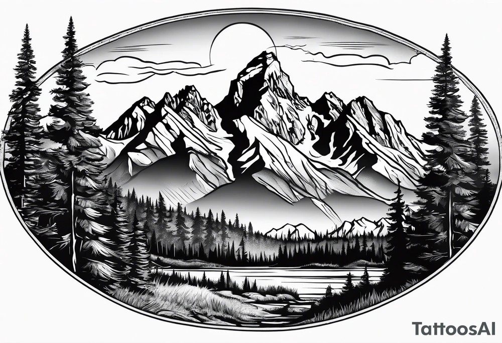 Half sleeve of Teton mountain range with trees lining the bottom of tattoo tattoo idea