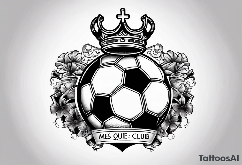 a cross with soccer ball and text MÉS QUE UN CLUB tattoo idea