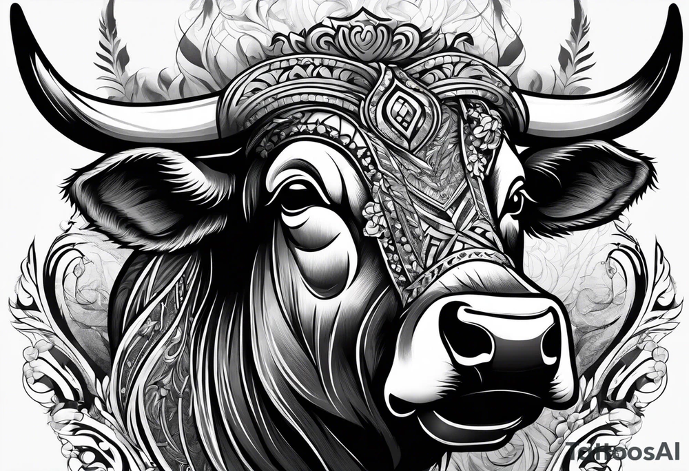 Large bull with horns busting through crowd tattoo idea