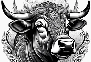 Large bull with horns busting through crowd tattoo idea