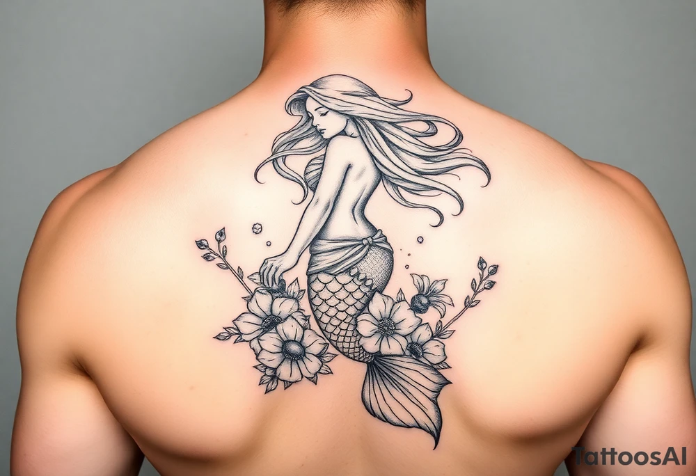 ethereal mermaid with flowing hair among coral and sea flowers tattoo idea