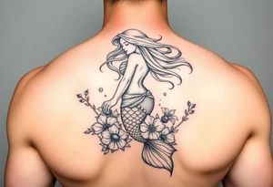 ethereal mermaid with flowing hair among coral and sea flowers tattoo idea