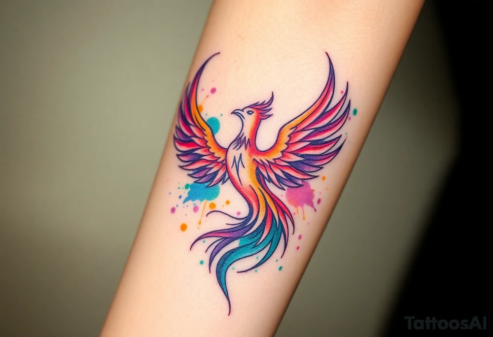 Phoenix in flames with purple, blue, orange, teal and green splashes, looking upwards tattoo idea
