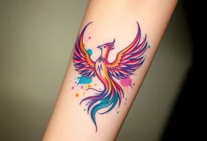 Phoenix in flames with purple, blue, orange, teal and green splashes, looking upwards tattoo idea