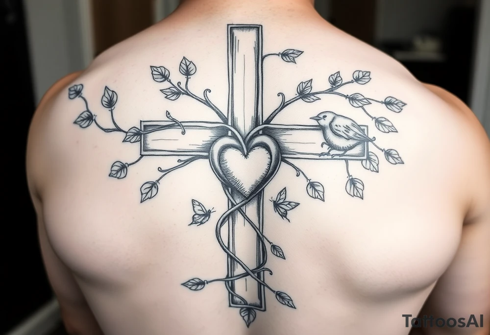 powerful majestic cross on the front of the body center to the chest with vines closely wrapped around the cross representing life and a heart within the cross being held like a chain from the cross and other symbols of life like insects and birds butterflies tattoo idea