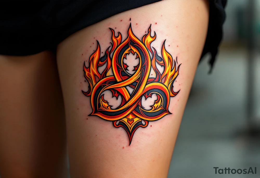 A bold, fiery triskelion with swirling flames in shades of orange, red, and yellow, symbolizing transformation, passion, and energy. The design can incorporate Celtic knotwork within the spirals for added depth. tattoo idea