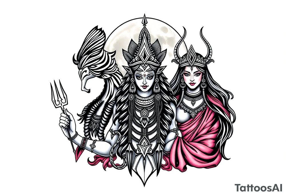 Lord Shiva, Godess Kali, Godess Lilith Together with the moon in the background tattoo idea