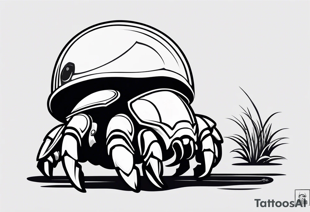 "A minimalist cartoon hermit crab with a Stormtrooper helmet as its shell, black and white, clean lines, simple shapes, the crab's body emerging from the bottom of the helmet, a few legs and claws visible, eyes peeking out from under the helmet, minimalist tattoo style." tattoo idea