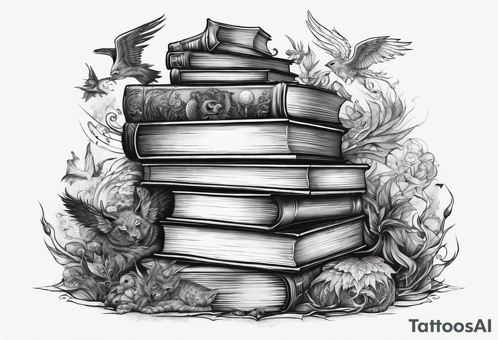 Stack of books surrounded by fantasy creatures tattoo idea