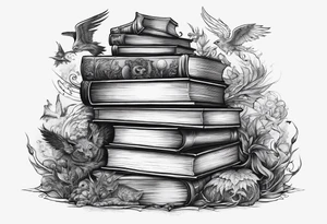 Stack of books surrounded by fantasy creatures tattoo idea