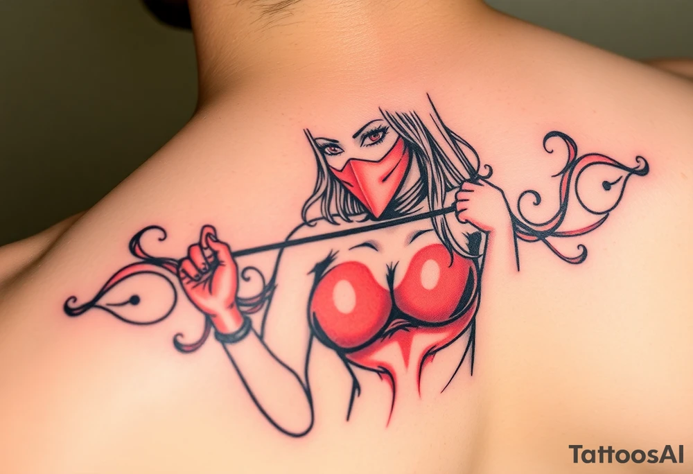 powerful female dominatrix wearing a red latex catsuit wearing a facemask tying up her submissive tattoo idea