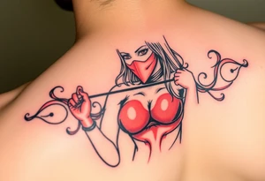 powerful female dominatrix wearing a red latex catsuit wearing a facemask tying up her submissive tattoo idea
