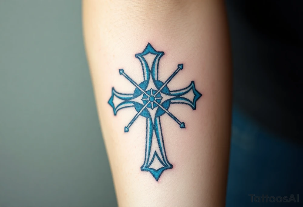 A celestial blue Templar cross with silver constellations in the background, representing divine protection tattoo idea