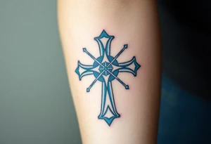 A celestial blue Templar cross with silver constellations in the background, representing divine protection tattoo idea