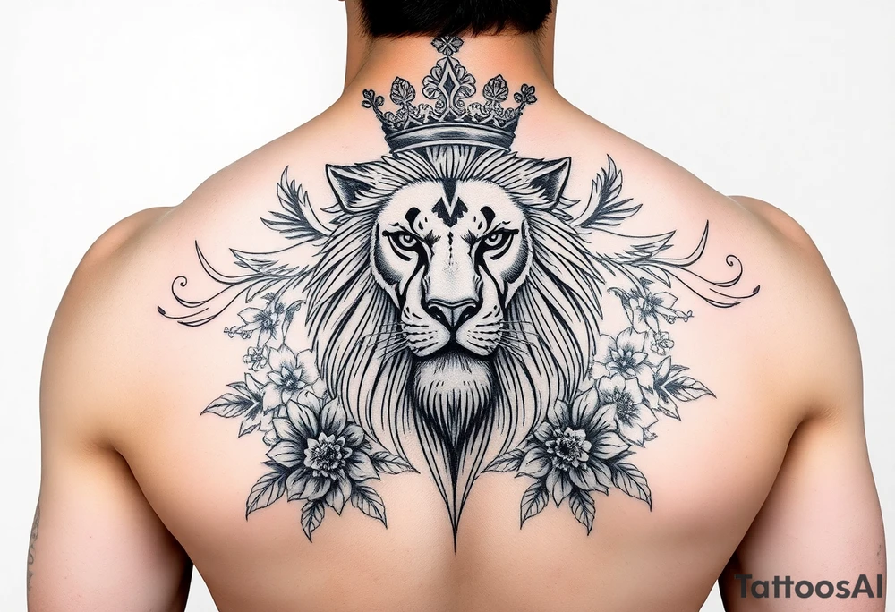 powerful majestic lion with a crown, surrounded by floral ornaments and birds tattoo idea