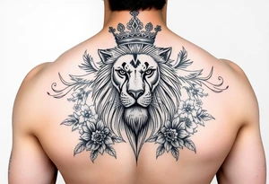 powerful majestic lion with a crown, surrounded by floral ornaments and birds tattoo idea