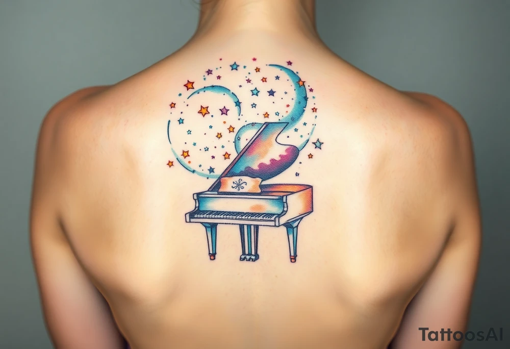 a grand piano under a swirl of stars tattoo idea