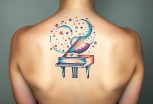 a grand piano under a swirl of stars tattoo idea