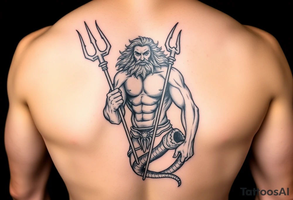 realistic muscular poseidon with big trident tattoo idea