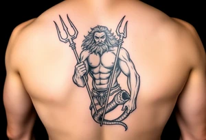 realistic muscular poseidon with big trident tattoo idea