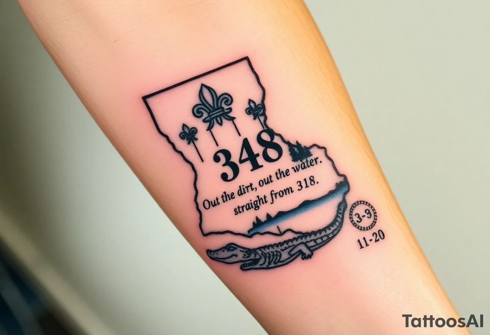 Louisiana state outline with fleur-de-lis, a bayou with a gator and trees , the 318 area code and and quote that says  Out the dirt, out the water, straight from 318 , a sign that says I- 20 tattoo idea