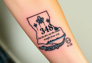 Louisiana state outline with fleur-de-lis, a bayou with a gator and trees , the 318 area code and and quote that says  Out the dirt, out the water, straight from 318 , a sign that says I- 20 tattoo idea
