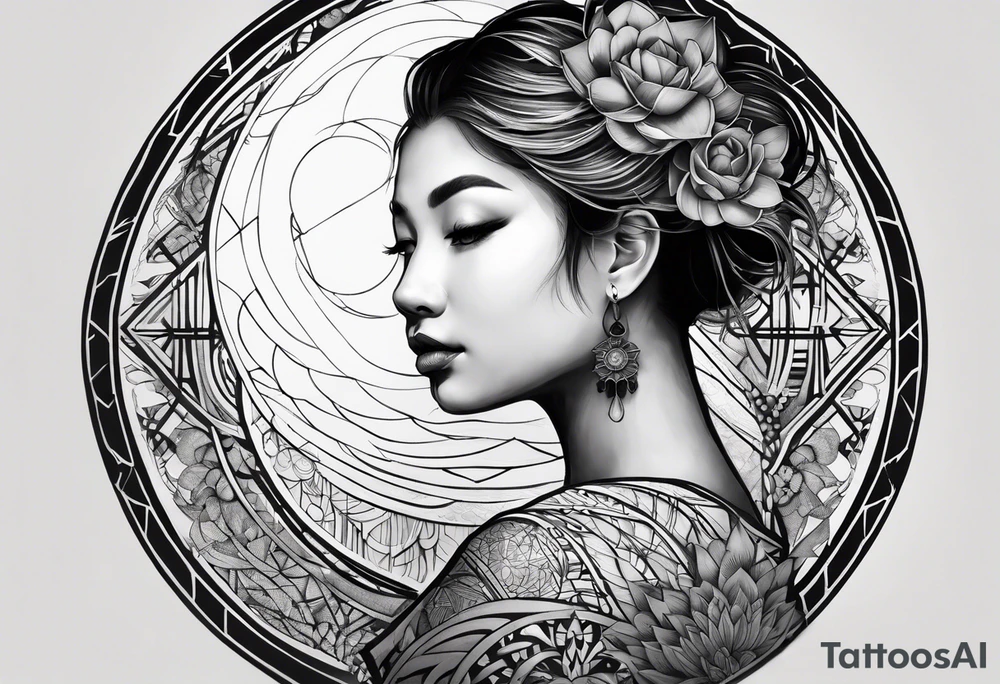 Very asymmetrical, +geometric pattern, with realistic full moon, with hippo at side look, +tribal, +geometric, +inkart , +blackwork, +grey scale, + sketch
with wintersweet flower bud, +portrait orientation, +inkart touch, tattoo idea