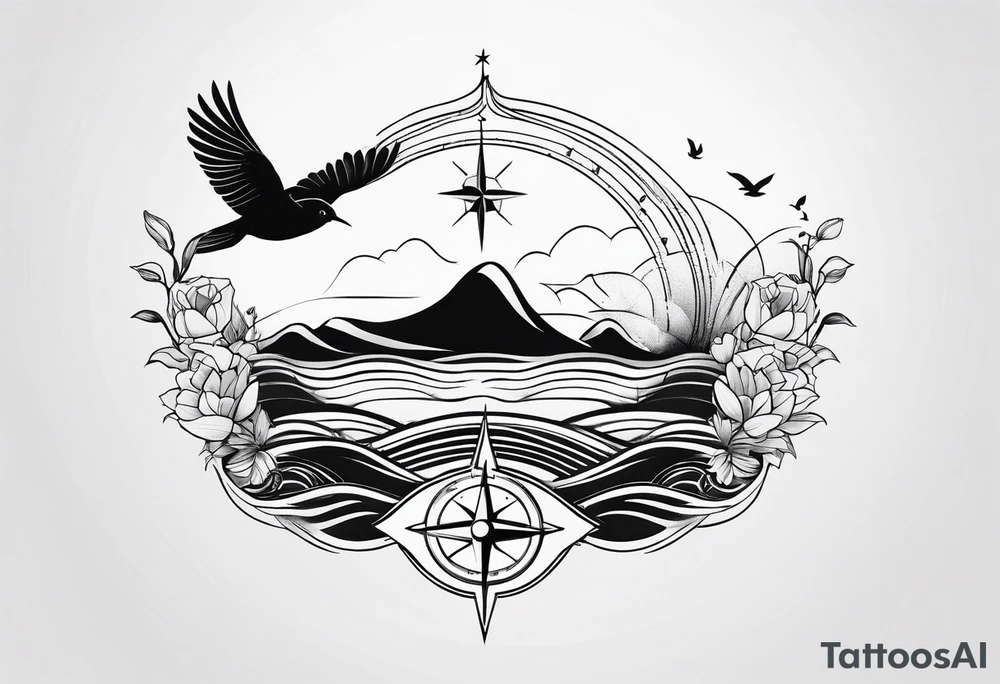 Tattoo along spine Compass with wAVES on mid back female elongated with birds above tattoo idea