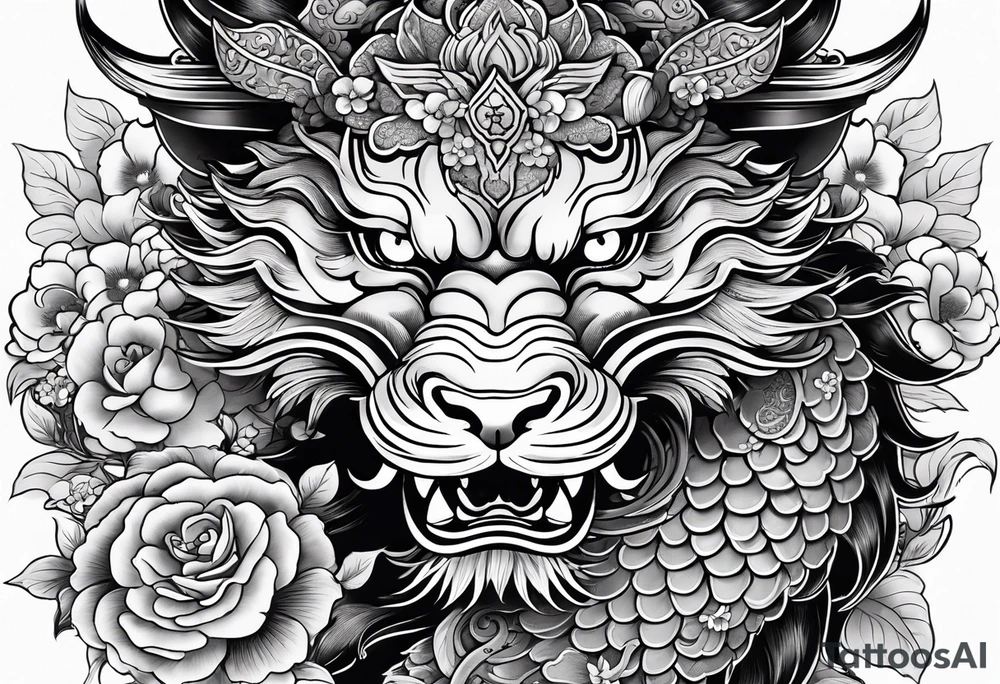 black and white sleeve, hanya mask on the shoulder, foo dog on the forearm, dragon through all length of the arm, small elements like coins, flowers tattoo idea