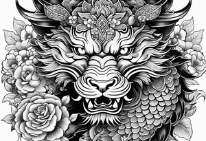black and white sleeve, hanya mask on the shoulder, foo dog on the forearm, dragon through all length of the arm, small elements like coins, flowers tattoo idea