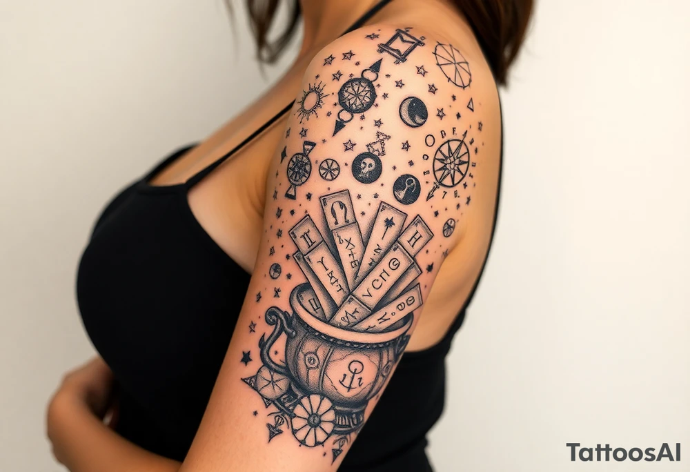 Milky way filled with zodiac symbols runes tarot cards coming out of a cauldron tattoo idea