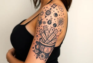 Milky way filled with zodiac symbols runes tarot cards coming out of a cauldron tattoo idea
