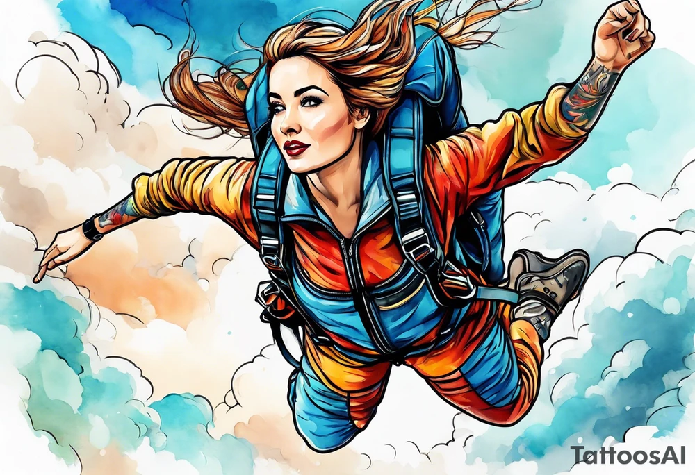 Woman skydiver jumping from plane with parachute tattoo idea