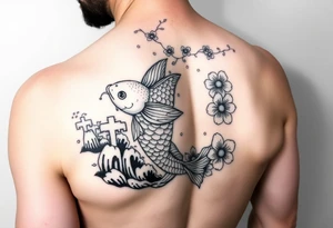 I would make one koi fish with waves, cliffs and sakura then on the upper arm tattoo idea