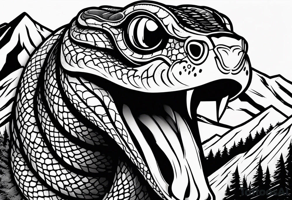 black and white drawing of a snake head with copper eyes an open mouth on a mountain bike with fat tires tattoo idea