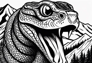 black and white drawing of a snake head with copper eyes an open mouth on a mountain bike with fat tires tattoo idea