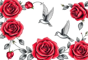 Vintage lace, red roses, red birds tattoo idea