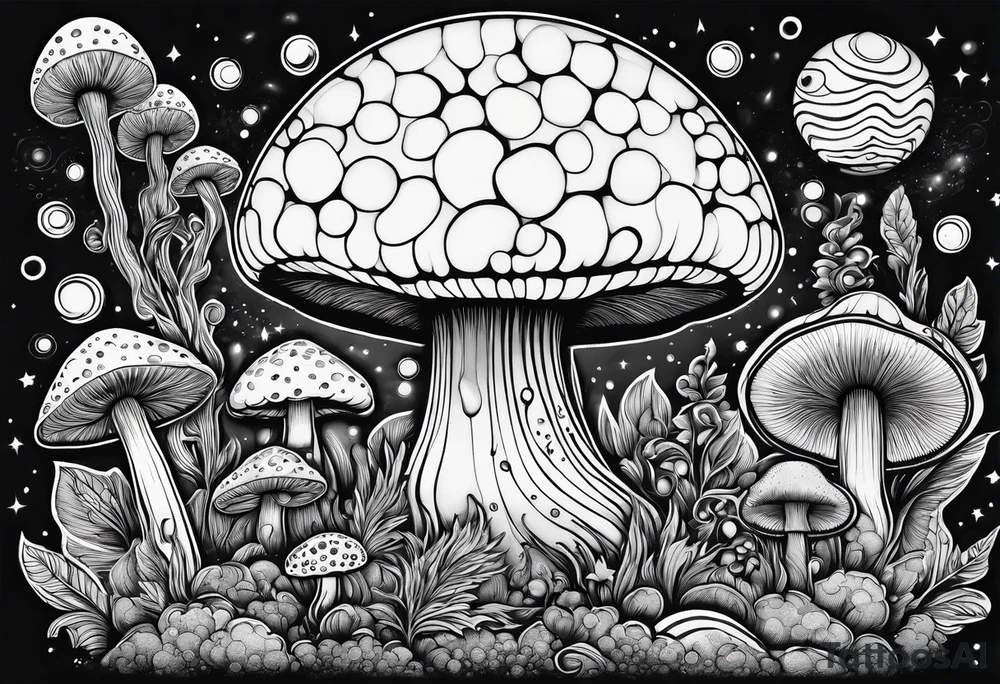 Psychedelic mushroom rocket bursting out of bubble into spiritual realm tattoo idea